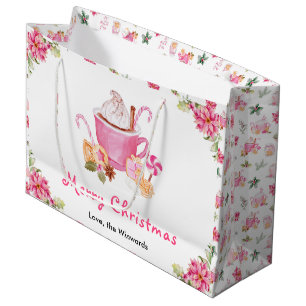 Sacola Para Presentes Grande Biscoitos de Natal e Cacau Rosa Feliz Natal