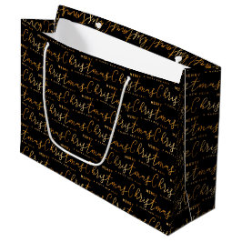 Sacola Para Presentes Grande Black and Gold Merry Christmas Word Art