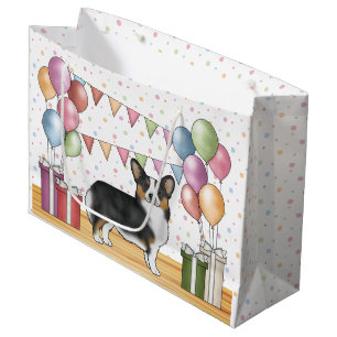 Sacola Para Presentes Grande Black Tricolor Pembroke Corgi Dog Pastel Aniversár