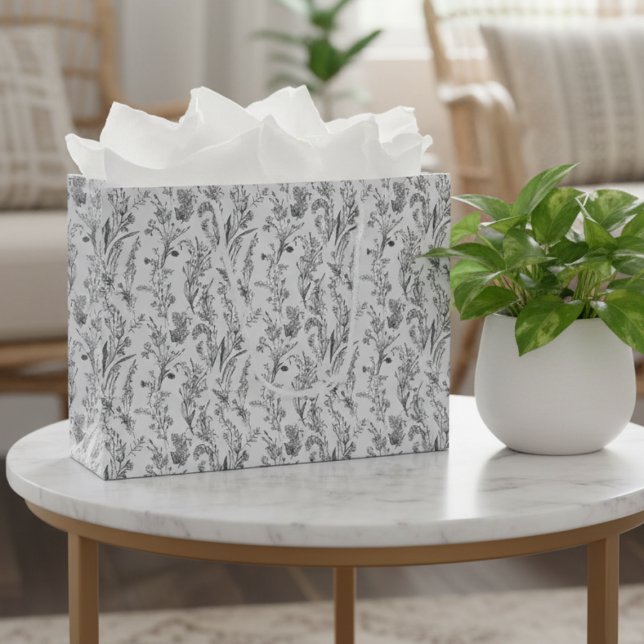 Sacola Para Presentes Grande Black White Toile Floral Elegant (elegant black and white toile floral gift bag with chic pattern)