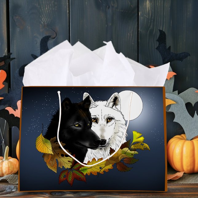 Sacola Para Presentes Grande Black White Wolves Moonlight Autumn Leaves (Criador carregado)