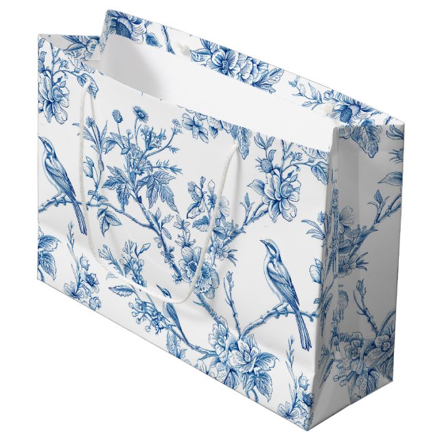 Sacola Para Presentes Grande Blue and White Chinoiserie Floral Birds (Frente inclinada)