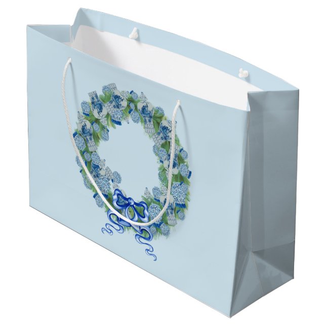 Sacola Para Presentes Grande Blue Christmas Chinoiserie Wreath (Verso inclinado)