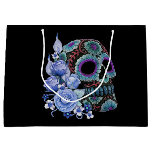 Sacola Para Presentes Grande Blue Floral Black Sugar Skull Day Of The Dead