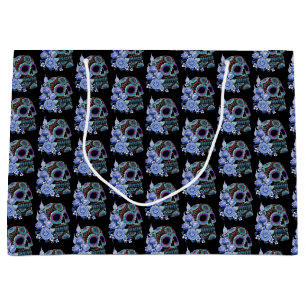 Sacola Para Presentes Grande Blue Floral Black Sugar Skull Day Of The Dead