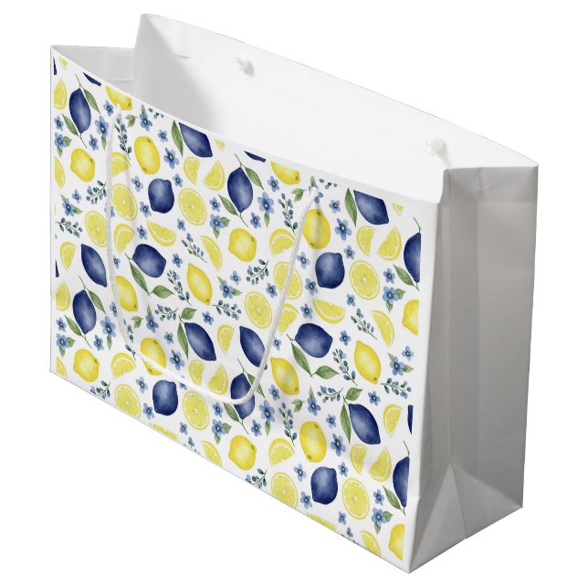 Sacola Para Presentes Grande Blue French Country Lemon Pattern (Frente inclinada)