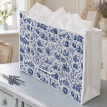 Blue French Toile Countryside Rose Branch Pattern 