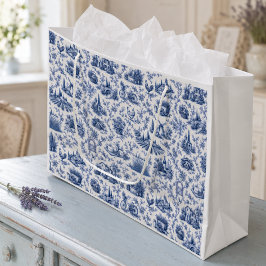 Sacola Para Presentes Grande Blue French Toile Countryside Rose Branch Pattern