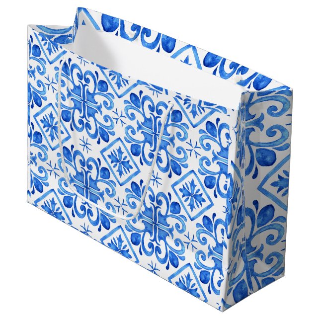 Sacola Para Presentes Grande Blue French Toile Pattern (Frente inclinada)