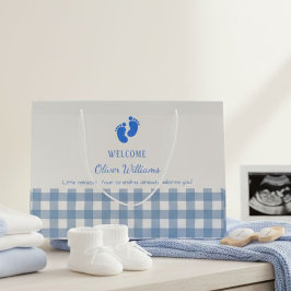 Sacola Para Presentes Grande Blue Gingham Personalized Baby Welcome Gift Bag
