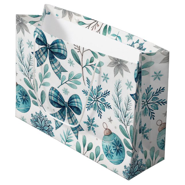 SACOLA PARA PRESENTES GRANDE BLUE & GRAY CHRISTMAS BALLS & BOWS (Frente inclinada)