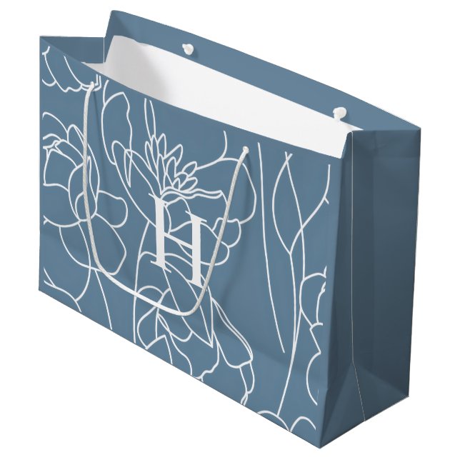 Sacola Para Presentes Grande Blue Modern Wildflower Monogram Name (Frente inclinada)