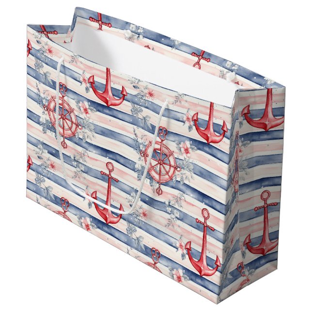 Sacola Para Presentes Grande Blue Red Anchors Floral Stripes Beach Birthday (Frente inclinada)