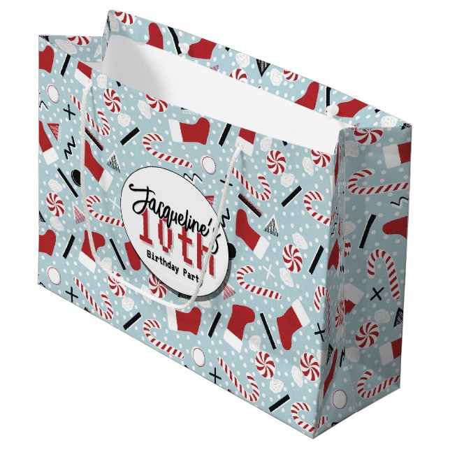 Sacola Para Presentes Grande Blue Retro Christmas Peppermint Birthday (Frente inclinada)
