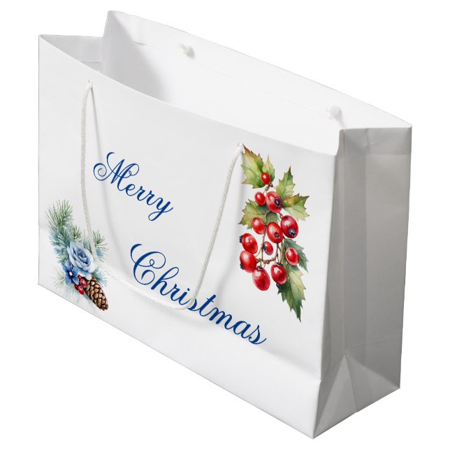 Sacola Para Presentes Grande Blue Script no White Holly Berries Feliz Natal (Frente inclinada)