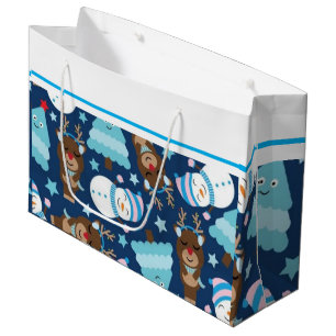 Sacola Para Presentes Grande Blue Snowman e Blue Christmas Tree Gift Bag