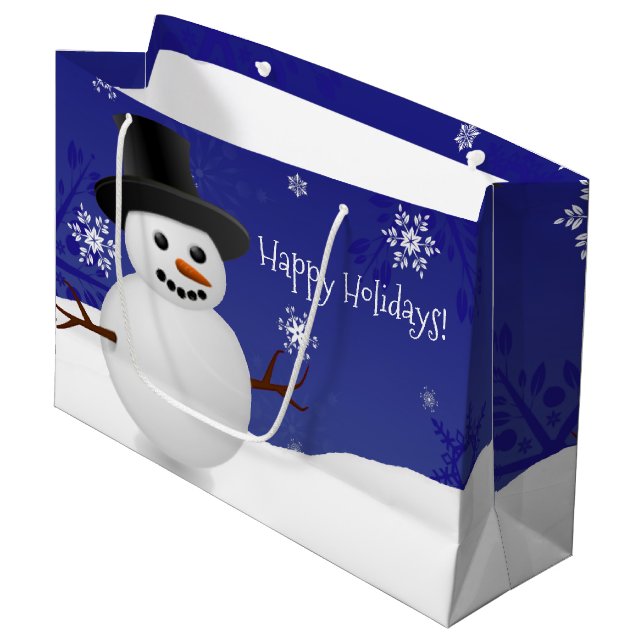 Sacola Para Presentes Grande Blue Snowman Winter Scenery Christmas Gift Bag (Frente inclinada)
