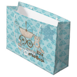 SACOLA PARA PRESENTES GRANDE BLUE & TAN GLITTER OLHA BEBÊ BOY TEDDY TRAIN
