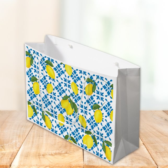 Sacola Para Presentes Grande Blue Tile French Country Lemon Pattern  (Criador carregado)
