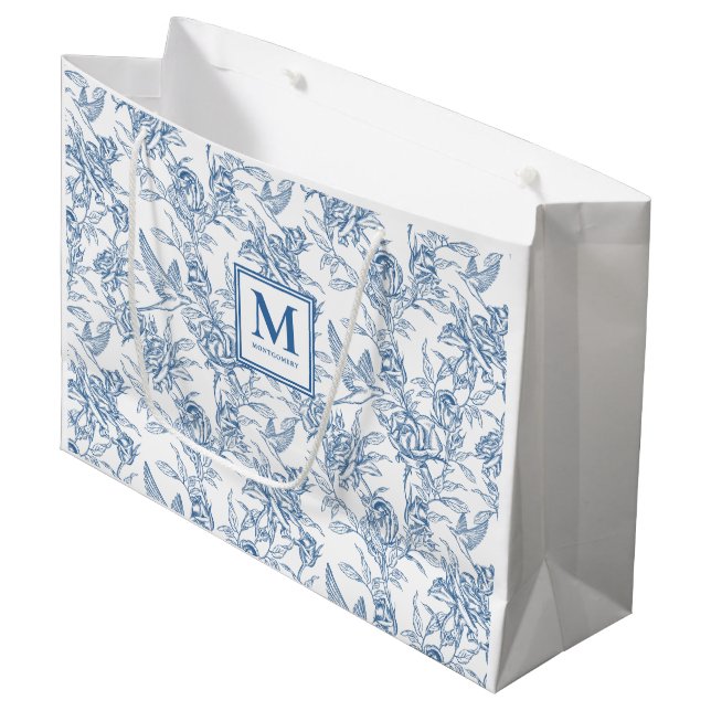 Sacola Para Presentes Grande Blue Toile French Monogram Name (Frente inclinada)