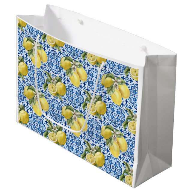 Sacola Para Presentes Grande Blue White Lemon Tile Mediterranean Pattern (Frente inclinada)