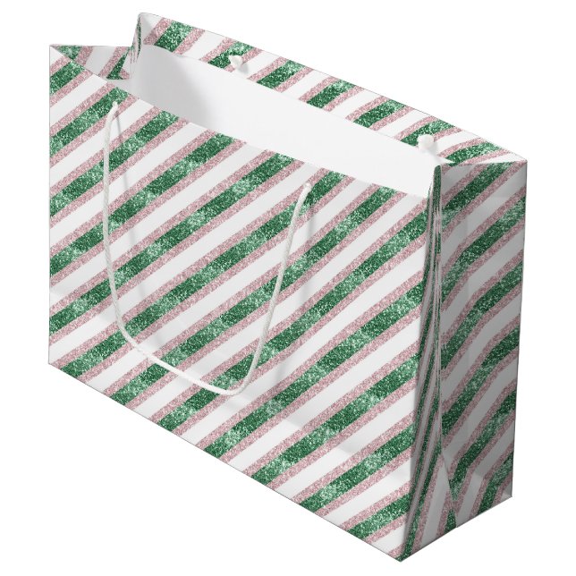 Sacola Para Presentes Grande Blush Pink Green Glitzy Stripes Christmas (Frente inclinada)