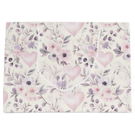 Sacola Para Presentes Grande Blush Pink Hearts Purple Flowers Birthday