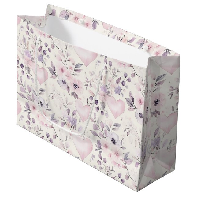 Sacola Para Presentes Grande Blush Pink Hearts Purple Flowers Birthday (Frente inclinada)