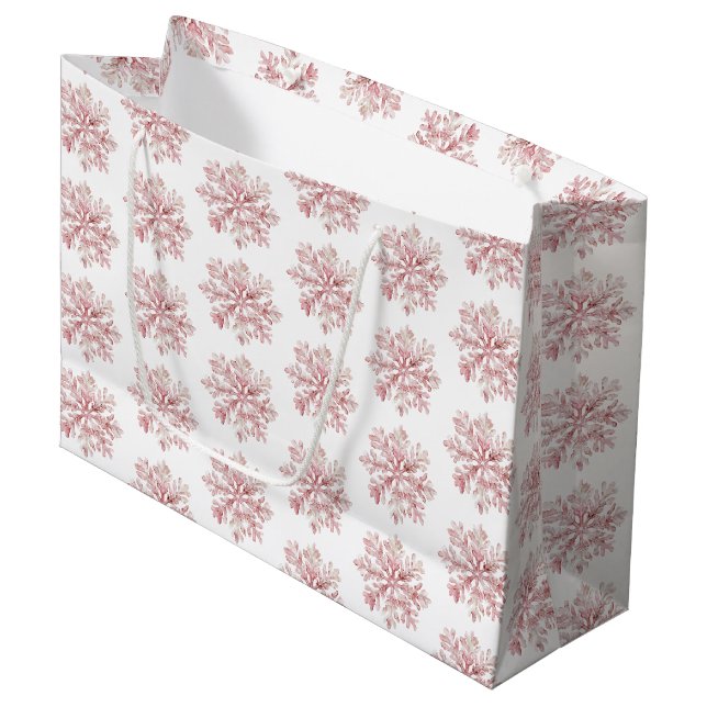 Sacola Para Presentes Grande Blush Pink White Snowflakes Christmas (Frente inclinada)