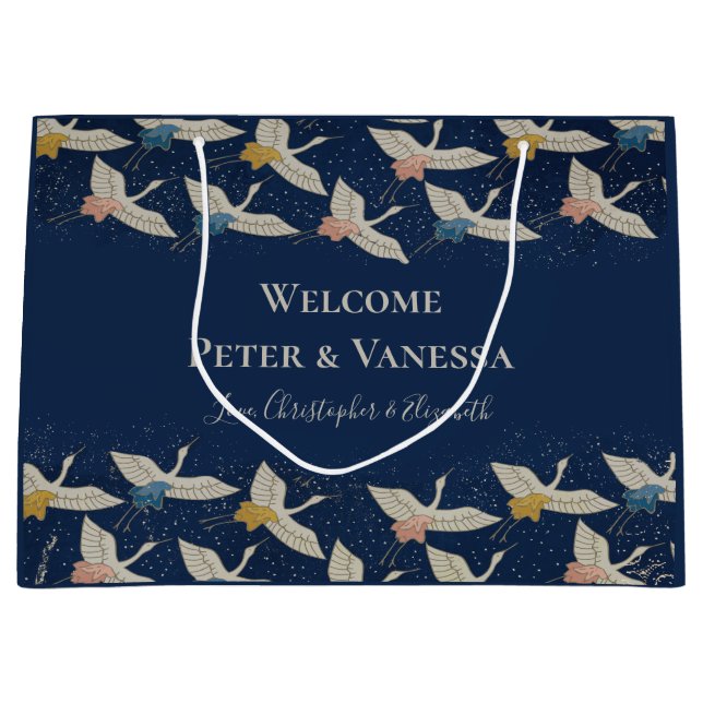 Sacola Para Presentes Grande Boas-vindas ao Casamento de guindastes japoneses (Frente)