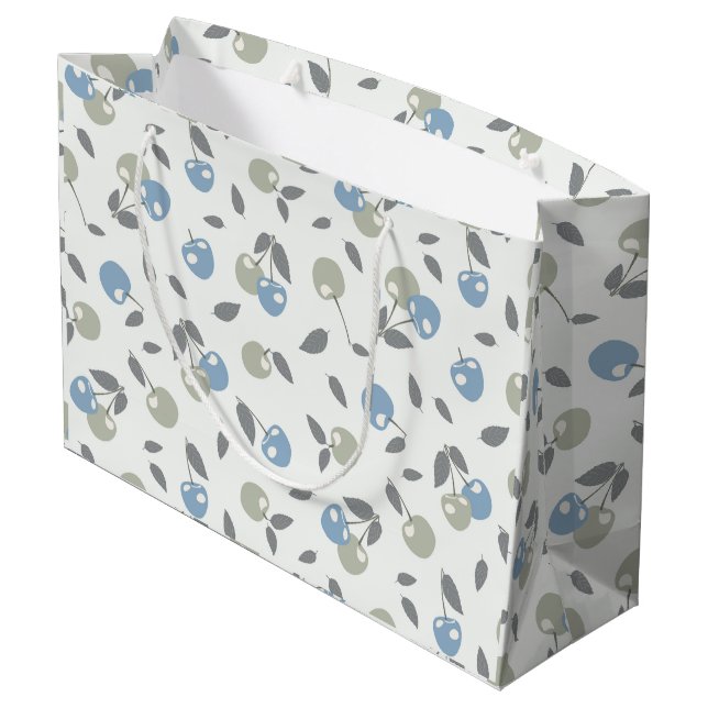 Sacola Para Presentes Grande Boho Beach Cherries - sage blue fruit pattern. (Verso inclinado)