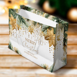 Sacola Para Presentes Grande Boho Merry Christmas gold poinsettia