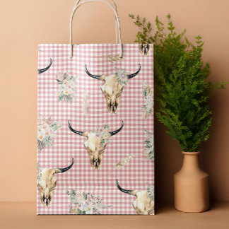 Sacola Para Presentes Grande Boho Pink Gingham Cow Skull Floral
