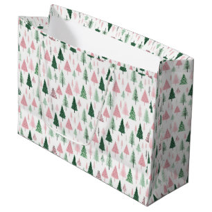 Sacola Para Presentes Grande Boho Pink Green Árvores de Natal Feriado