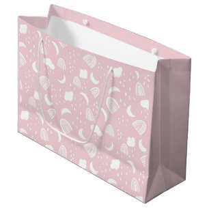 Sacola Para Presentes Grande Boho Rainbows Nuvens Rosa e Branco