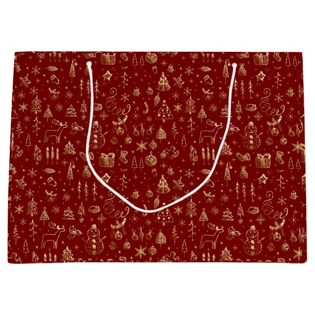 Sacola Para Presentes Grande Boho Vermelho Dourado Brilhante Árvores de Natal D (Frente)