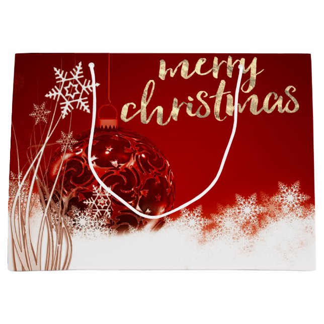 Sacola Para Presentes Grande Bola de Natal Vermelha,Flocos de neve,Feriado (Frente)