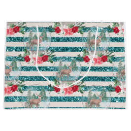 Sacola Para Presentes Grande Bola de neve de veados de Natal, poinsettias