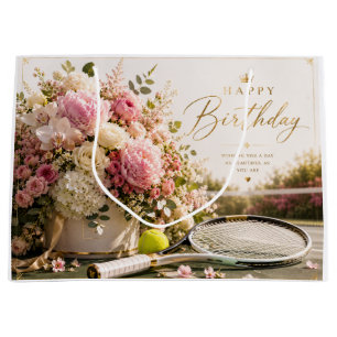 Sacola Para Presentes Grande Bola de tênis com muitas flores para aniversário