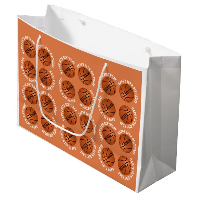 Sacola Para Presentes Grande Bolas de Basquete Meninos Nome Esporte Feliz Anive (Frente inclinada)
