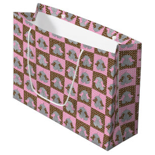 Sacola Para Presentes Grande Bolinhas de Elefante Rosa e Castanho