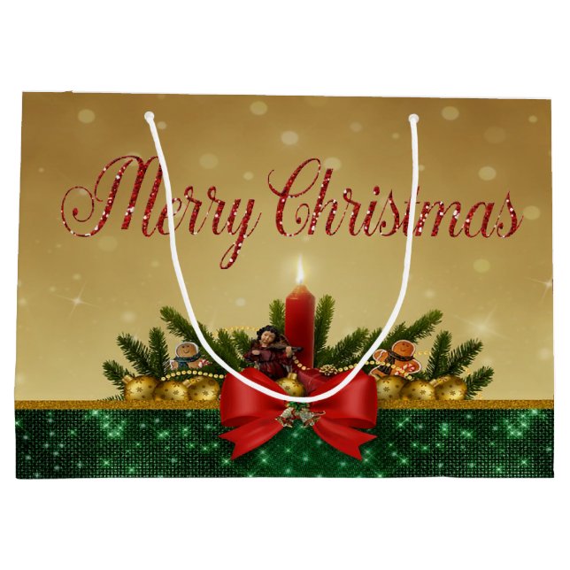 Sacola Para Presentes Grande Bolinhas de Natal,Vela,Feliz Natal (Verso)