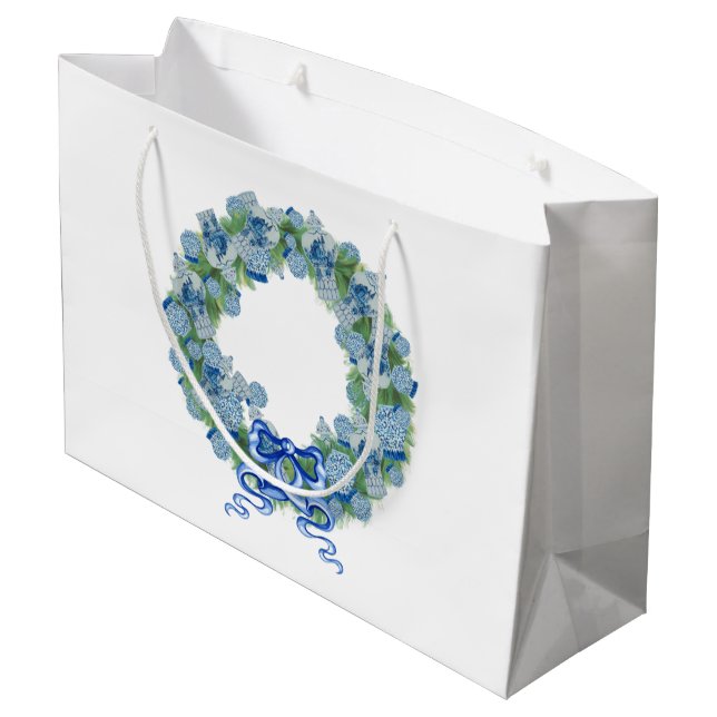 Sacola Para Presentes Grande Bolsa de Wreath Chinoiserie Blue Christmas (Verso inclinado)
