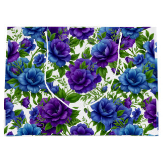 Sacola Para Presentes Grande Bolsa Tote de Padrão Floral Rosa Azul e Roxo Elega