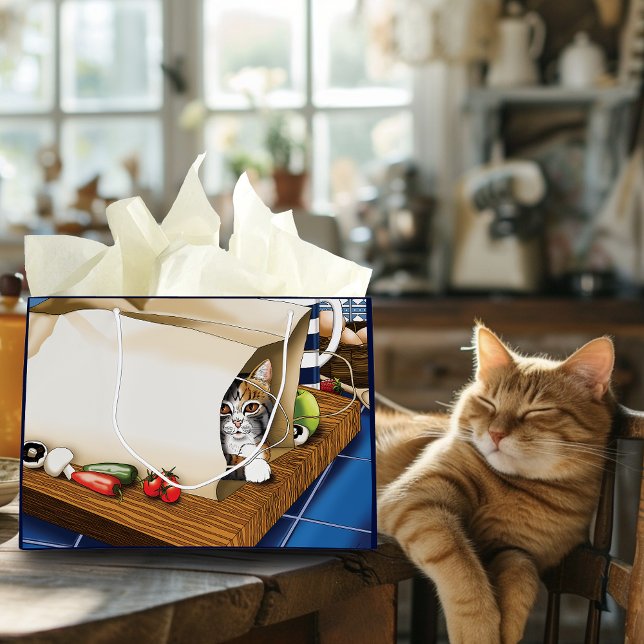 Sacola Para Presentes Grande Bolsas de Papel Gato Cozinha Azul (Criador carregado)