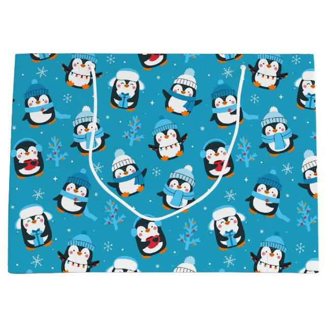 Sacola Para Presentes Grande Bom Natal Pinguins de inverno (Frente)