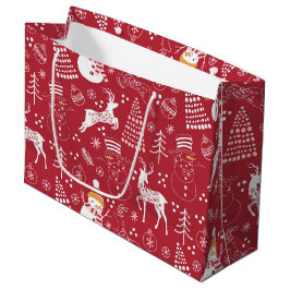 Sacola Para Presentes Grande Boneco de Neve, Árvore de Natal e Veado, Vermelho 