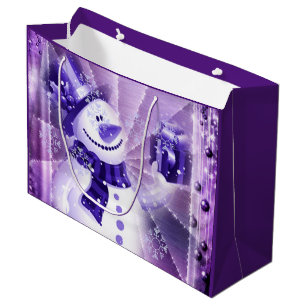 Sacola Para Presentes Grande Boneco de neve roxo na cena do inverno