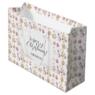 Sacola Para Presentes Grande Bonita Aquarela Inverno Brilhante Cookies Snowman