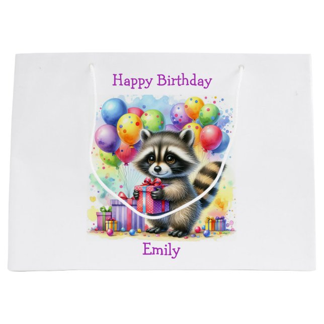 Sacola Para Presentes Grande Bonita Cartoon Raccoon - Aniversário Personalizado (Frente)